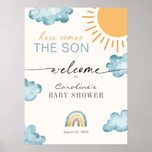 Hier komt de Son Baby shower Sunshine Welkom Poster (Voorkant)
