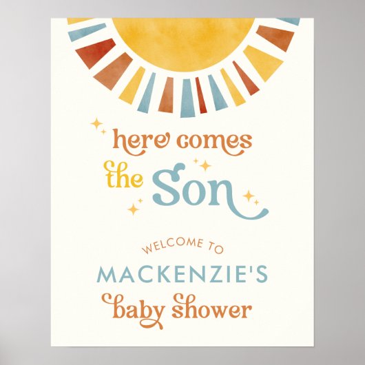 Hier komt de Son Boho Boy Baby shower Welkom Poster (Voorkant)