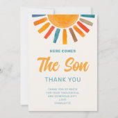 Hier komt de Son Boy Baby shower bedankkaart Kaart (Voorkant)