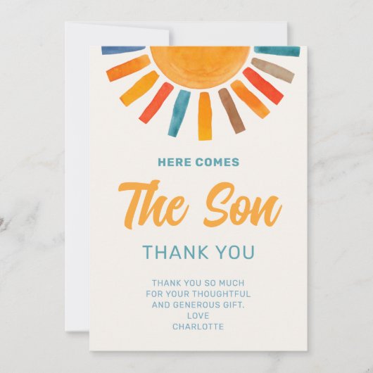 Hier komt de Son Boy Baby shower bedankkaart Kaart (Voorkant)