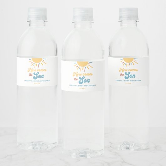 Hier komt de Son Boy Baby shower gunsten Waterfles Etiket (Flessen)