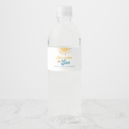 Hier komt de Son Boy Baby shower gunsten Waterfles Etiket (Voorkant)