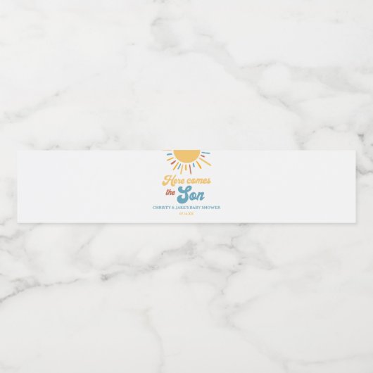 Hier komt de Son Boy Baby shower gunsten Waterfles Etiket (Enkel label)