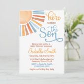 Hier komt de Son Invitation Baby shower Bewerkbaar Kaart (Staand voorkant)