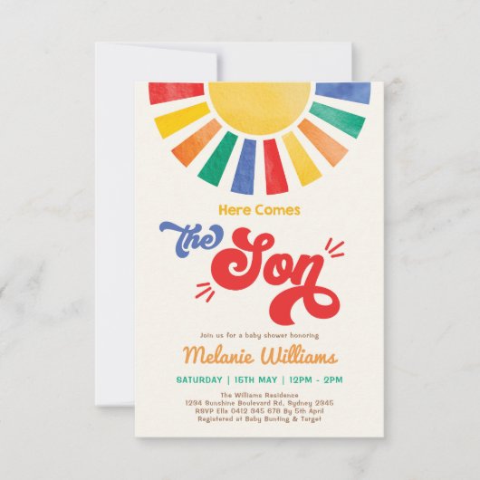 Hier komt de Son Kleurrijke Sun Boy Baby shower Kaart (Voorkant)