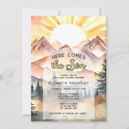 Hier komt de Son Natuur Mountain Boy Baby shower Kaart (Voorkant)