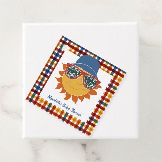 Hier komt de Son Plaid Baby Shower Bedankjes Labels (In situ)