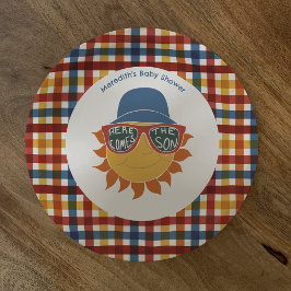 Hier komt de Son Plaid Baby Shower Papieren Bordje