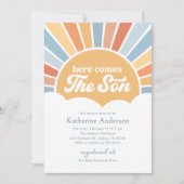 Hier komt de Son Retro Sunshine Boy Baby shower Kaart (Voorkant)