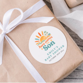 Hier komt de Son Summer Baby Shower Ronde Sticker