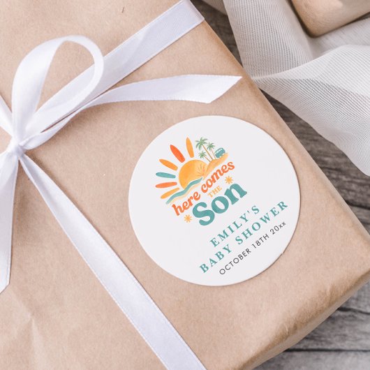 Hier komt de Son Summer Baby Shower Ronde Sticker