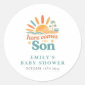 Hier komt de Son Summer Baby Shower Ronde Sticker (Voorkant)