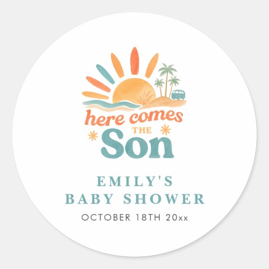 Hier komt de Son Summer Baby Shower Ronde Sticker (Voorkant)