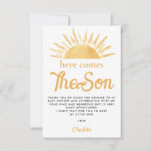Hier komt de Son Sun Baby shower Dank u Bedankkaart (Voorkant)