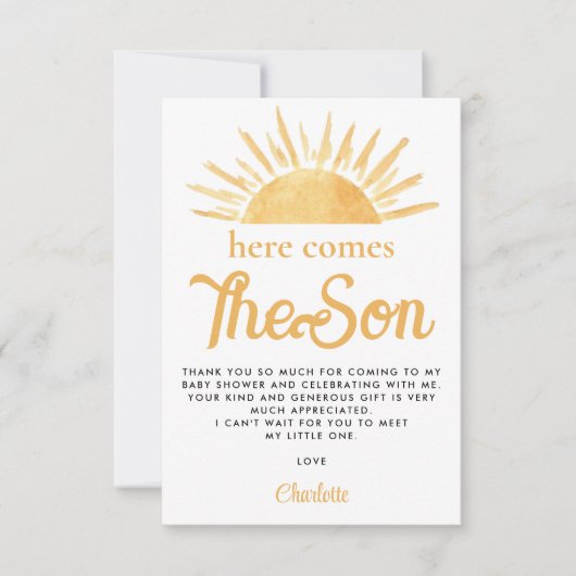 Hier komt de Son Sun Baby shower Dank u Bedankkaart (Voorkant)