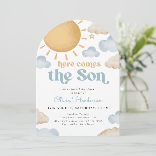 Hier komt de Son Sunshine Baby shower Invitation Kaart (Staand voorkant)