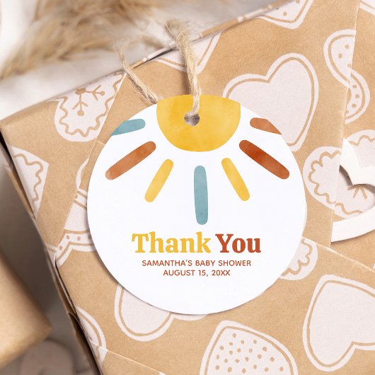 Hier komt de Son Sunshine Baby shower Round Bedankjes Labels
