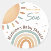 Hier komt de Son Sunshine Baby shower Sticker (Voorkant)