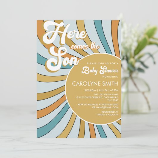 Hier komt de Son Sunshine Baby shower uitnodiging (Staand voorkant)