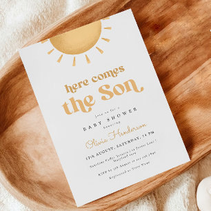 Hier komt de Son Yellow Baby shower-uitnodiging Kaart