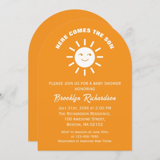 Hier komt de Son zon Sinaasappel wit Baby shower Kaart (Voorkant / Achterkant)
