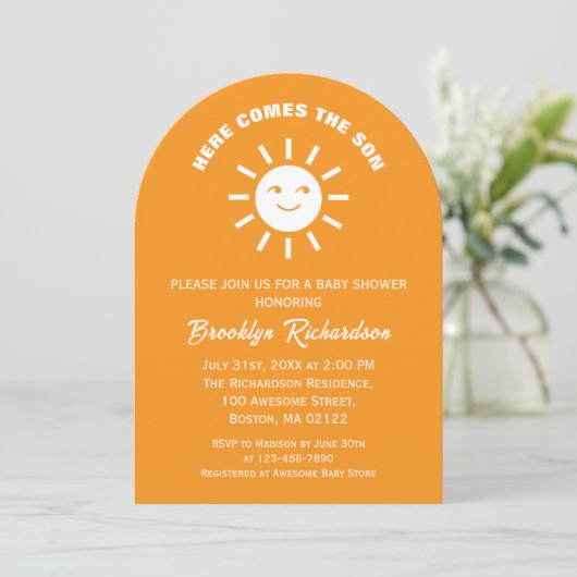 Hier komt de Son zon Sinaasappel wit Baby shower Kaart (Staand voorkant)