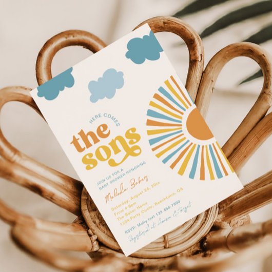 Hier komt de Sons Twin Boy Baby shower Uitnodigen Kaart