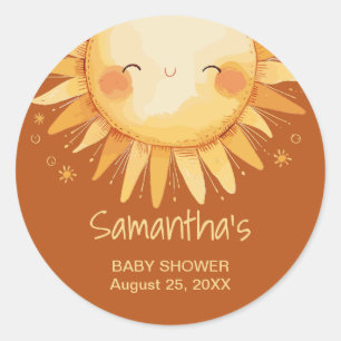 Hier komt de Sun Boho baby shower Enclosure Kaart Ronde Sticker