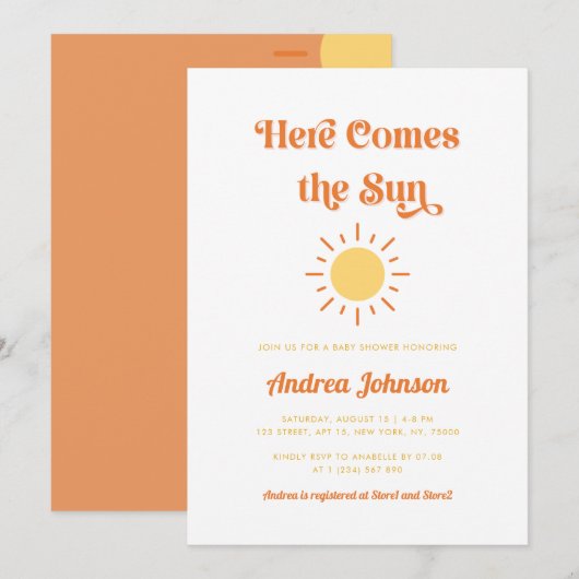 Hier komt de Sun Retro Boho Sunshine Baby shower Kaart (Voorkant / Achterkant)