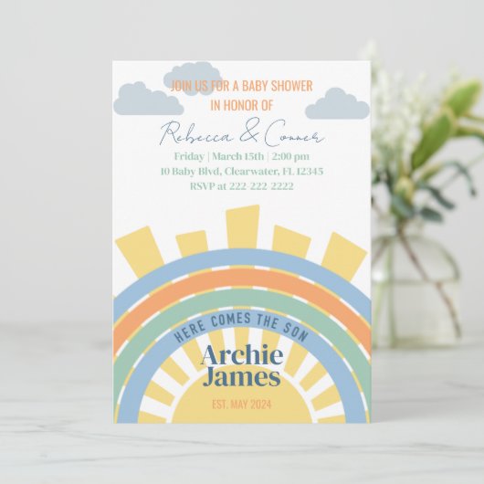 Hier komt de uitnodiging van het Baby shower Son (Staand voorkant)