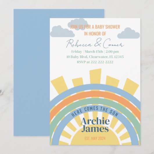 Hier komt de uitnodiging van het Baby shower Son (Voorkant / Achterkant)