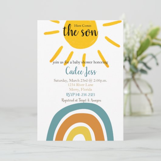 Hier komt de uitnodiging van het Baby shower Son (Staand voorkant)