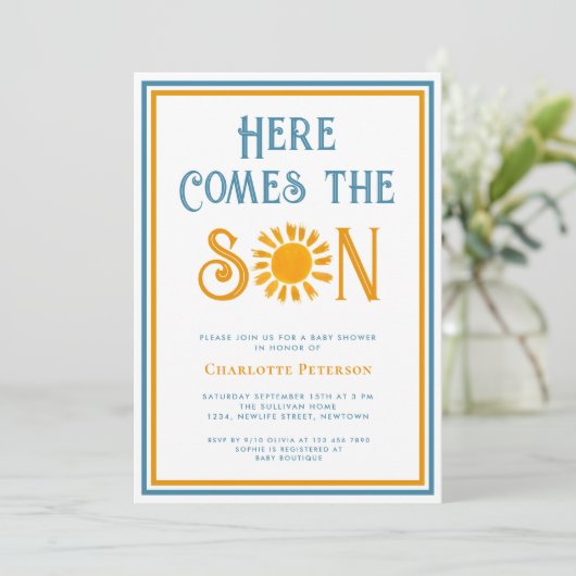 Hier komt de uitnodiging voor het Baby shower Son (Staand voorkant)