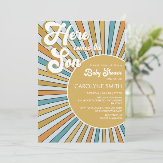 Hier komt de uitnodiging voor het Baby shower Son (Staand voorkant)