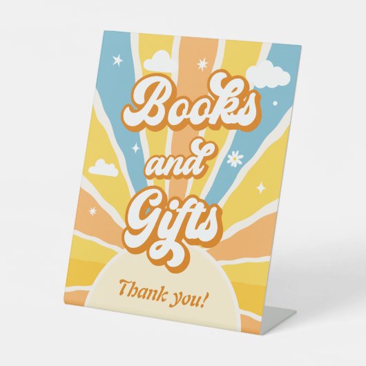 Hier komt de zon Baby shower boeken en geschenken Reclamebord Met Voetstuk (Voorkant)