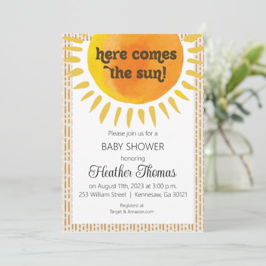 Hier komt de zon Baby shower Invitation Kaart (Staand voorkant)