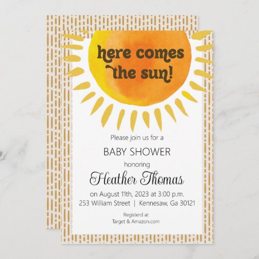 Hier komt de zon Baby shower Invitation Kaart (Voorkant / Achterkant)