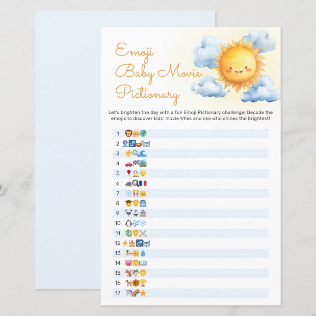 Hier Komt de Zon Baby Shower Pictionary Spel (Voorkant / Achterkant)