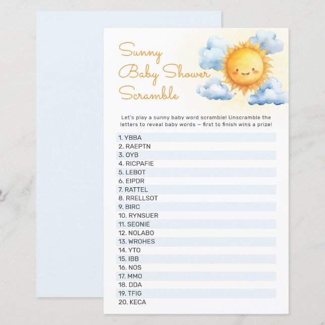 Hier Komt de Zon Baby Shower Spel (Voorkant / Achterkant)
