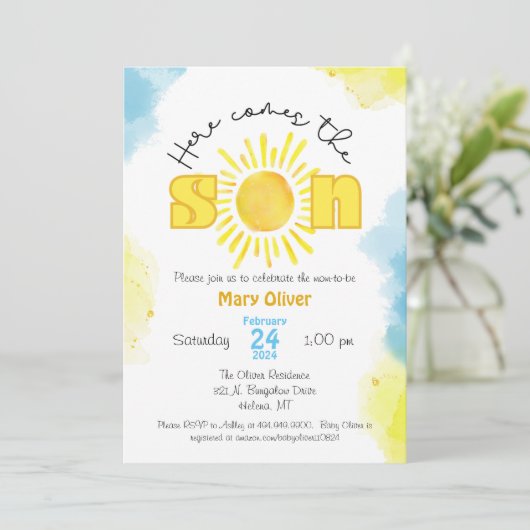 Hier komt de zon baby shower uitnodiging zoon jong (Staand voorkant)