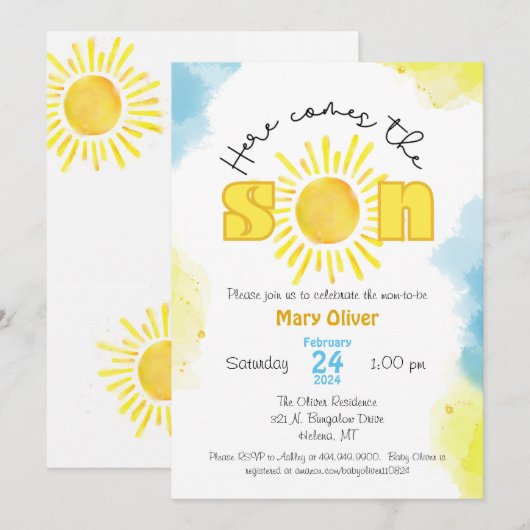 Hier komt de zon baby shower uitnodiging zoon jong (Voorkant / Achterkant)