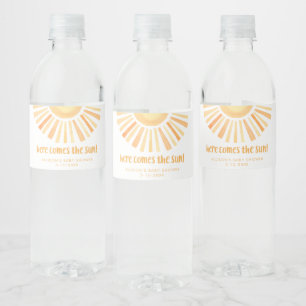 Hier komt de zon genderneutraal baby shower waterfles etiket
