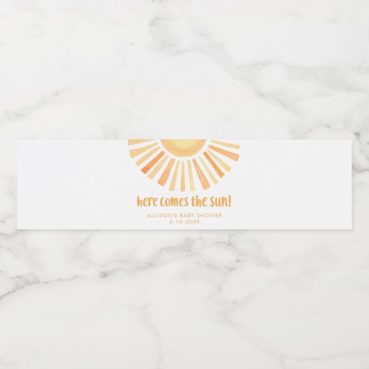Hier komt de zon genderneutraal baby shower waterfles etiket (Enkel label)