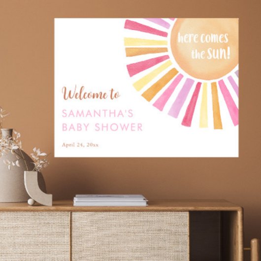 Hier komt de zon meisje baby shower welkom poster