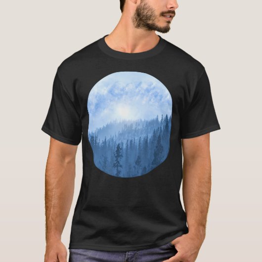 Hier komt de zon - mistig bos - blauw t-shirt (Voorkant)
