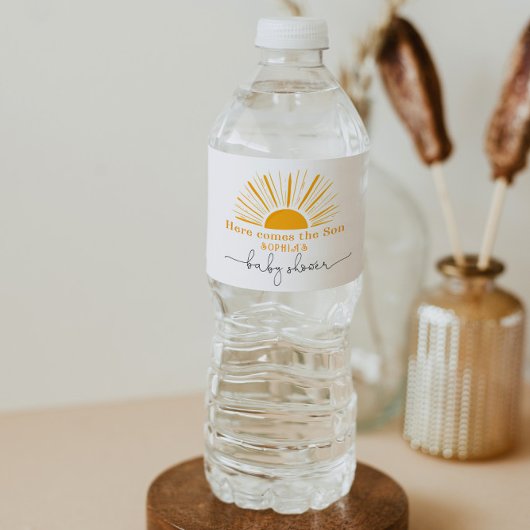 Hier komt de zon op het baby shower. waterfles etiket