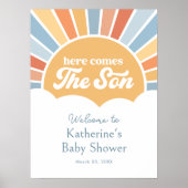 Hier komt de zon retro Baby shower welkomstbord Poster (Voorkant)