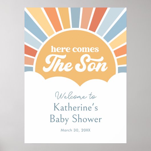 Hier komt de zon retro Baby shower welkomstbord Poster (Voorkant)