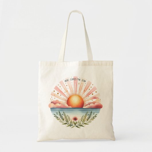 "Hier komt de zon" stijgende zon boven water Tote Bag (Voorkant)