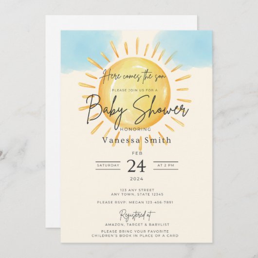 Hier Komt de Zon – Uitnodiging voor een Babyfeestj (Voorkant / Achterkant)